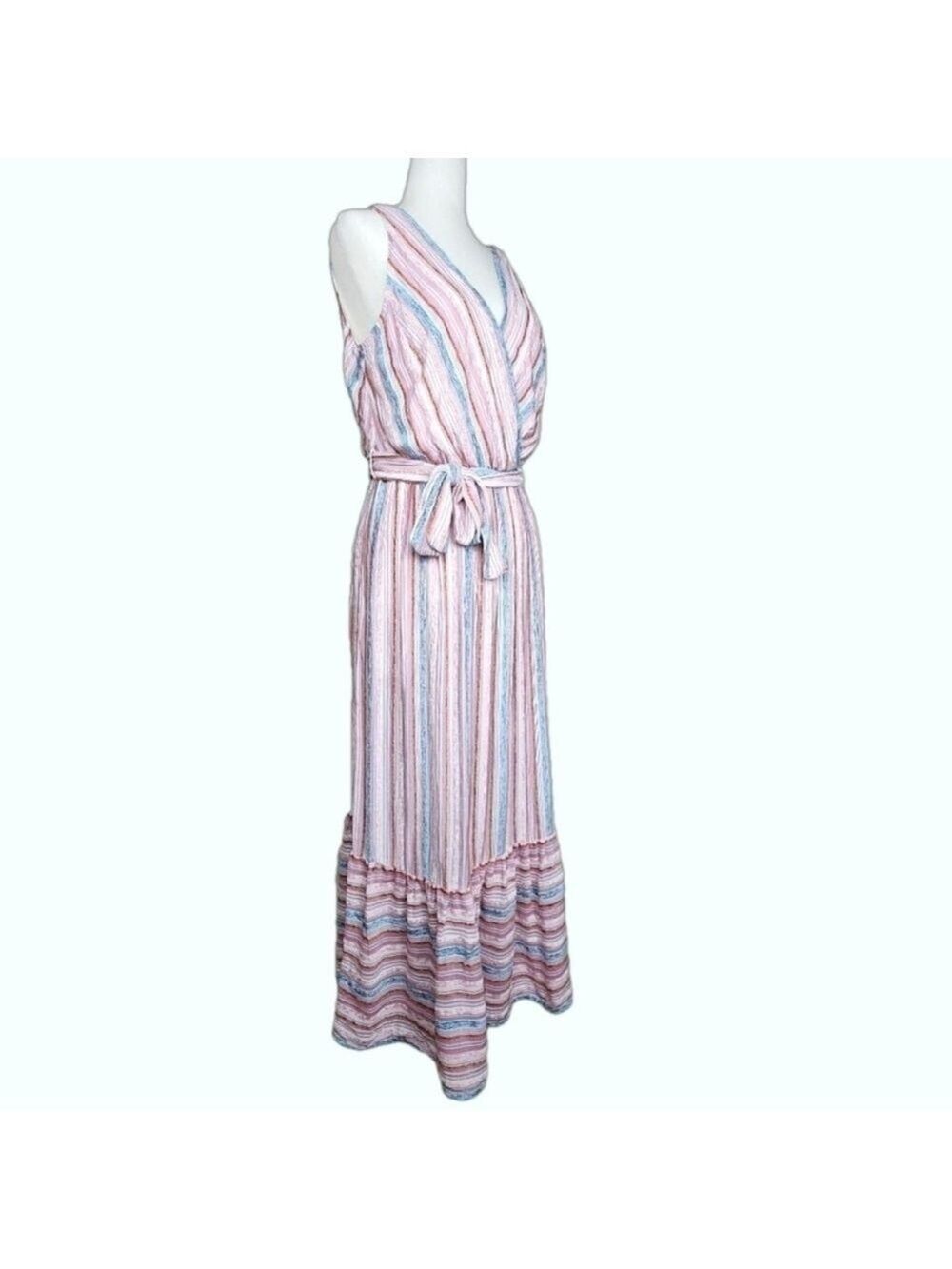 Sleeveless Striped Tiered Wrap Style Belted Velvet Maxi Dress w Pockets 8 - Picture 2 of 13